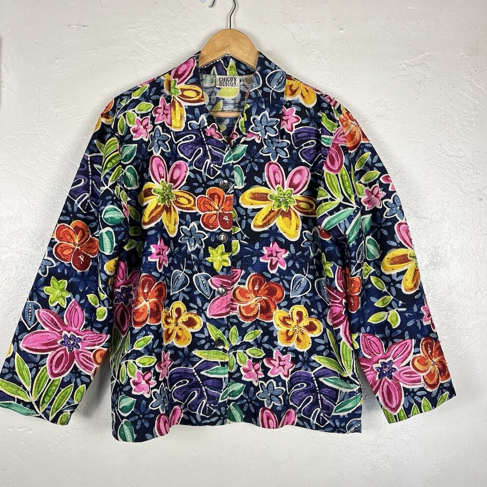 Chico’s Design 100% Silk Slub Floral Beaded Jacket Blue Multicolor Size 1 - Picture 2 of 11